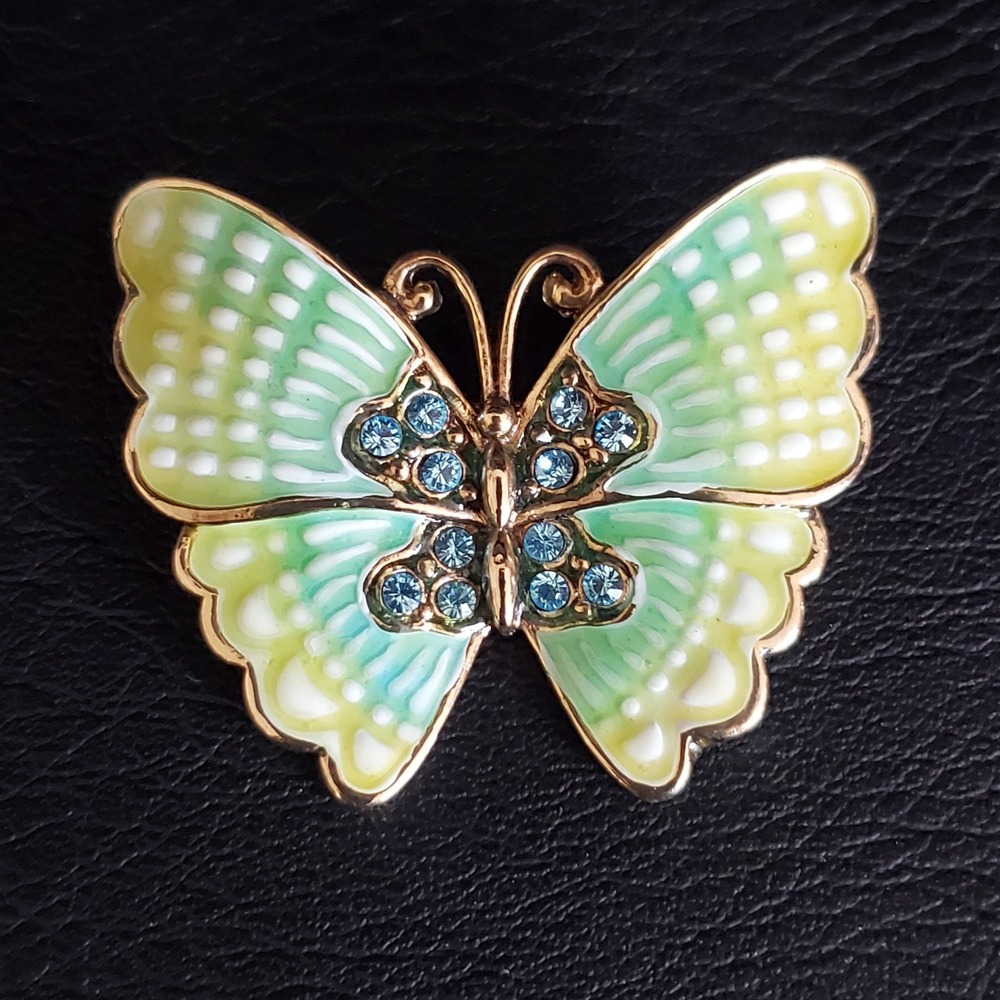 Monet Butterfly Pin Brooch Gold tone with Green & Yellow Enamel with Blue Stones